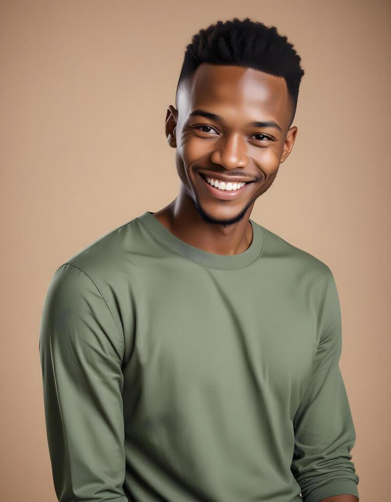 Charming young South African male in a contemporary outfit posing with ease against a plain backdrop photo