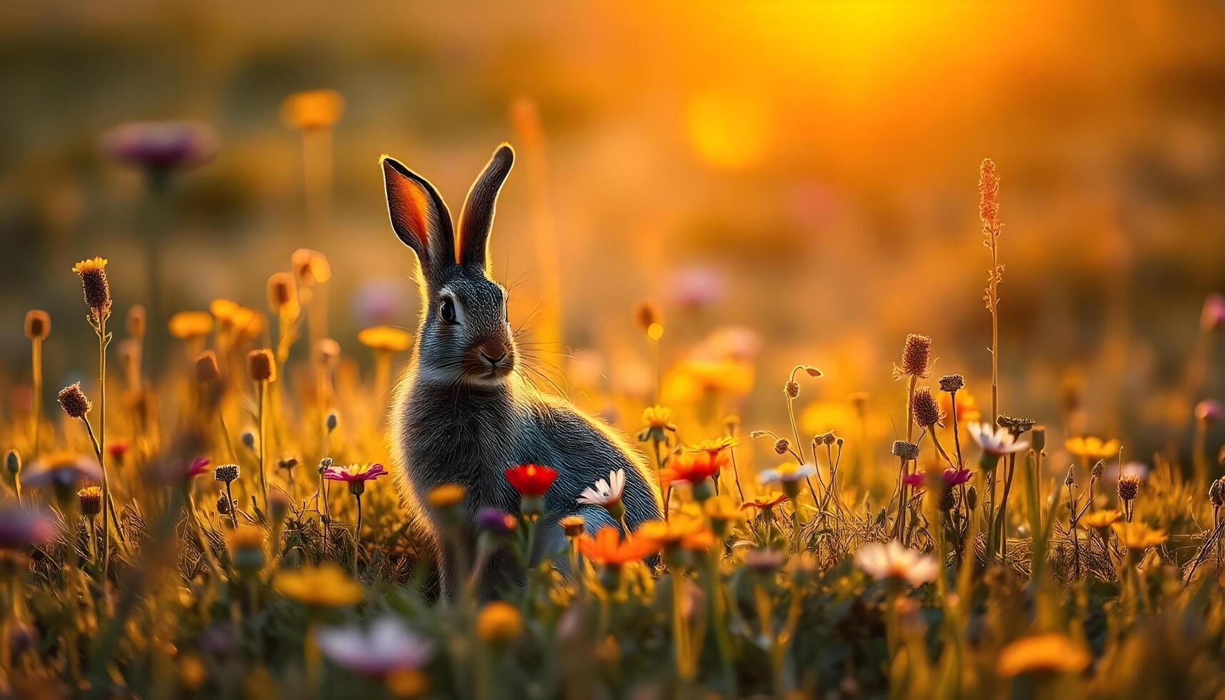 A female European hare nestled in a sunlit meadow, surrounded by vibrant flora photo