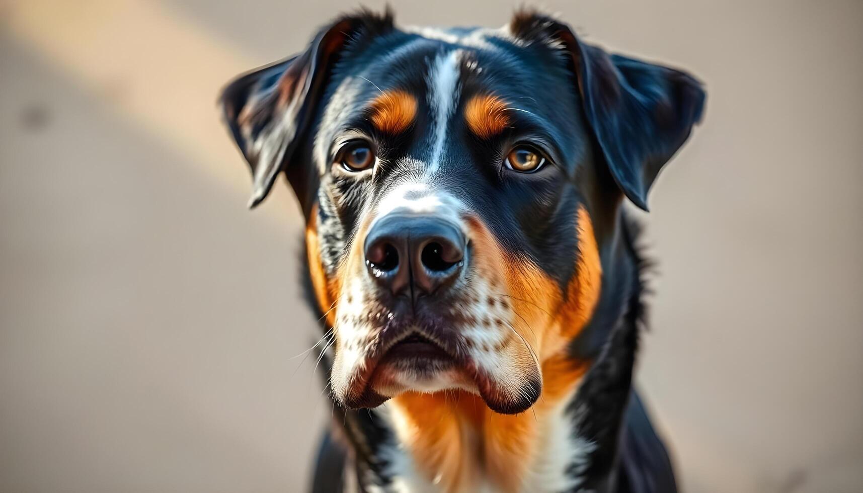 Close up of Entlebucher Mountain Dog with dark eyes and alert expression in warm light photo