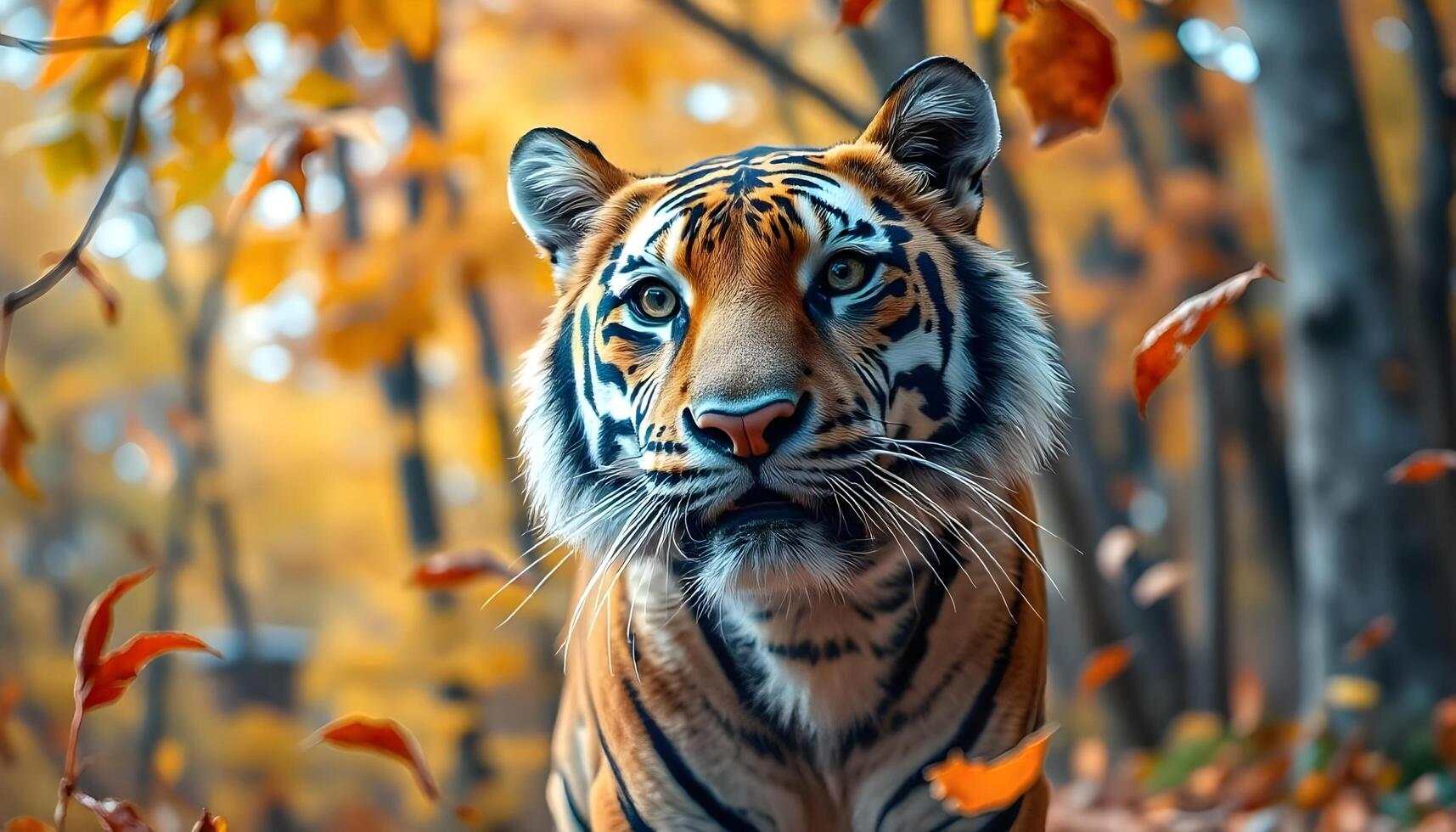Close up of a Bengal tiger in a vibrant autumn setting with colorful foliage photo