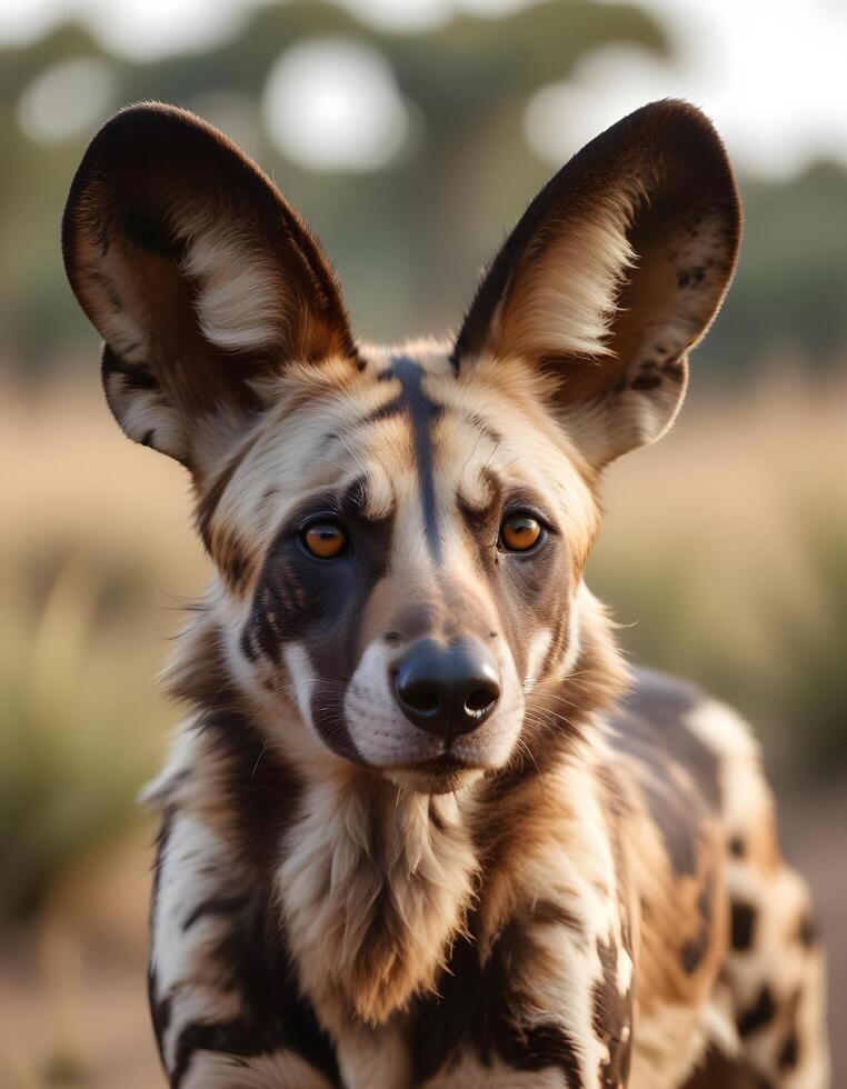 African wild dog with detailed coat and focused expression against blurred savannah photo