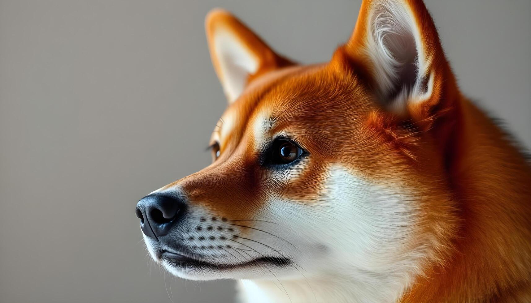 Close up of Shiba Inu with dark eyes and alert demeanor in serene lighting photo
