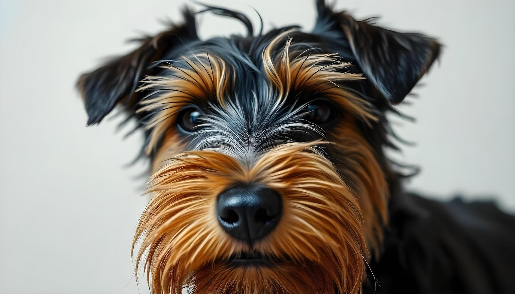 Close up of Welsh Terrier with wiry fur and focused gaze under natural lighting photo