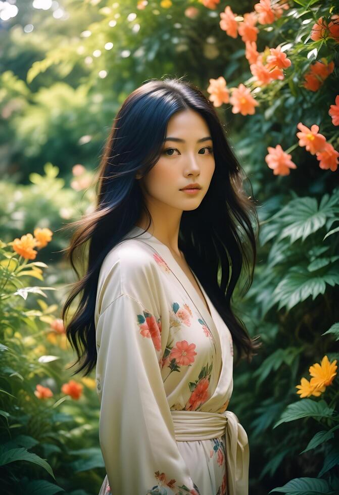 An asian woman in a floral robe standing in front of flowers photo