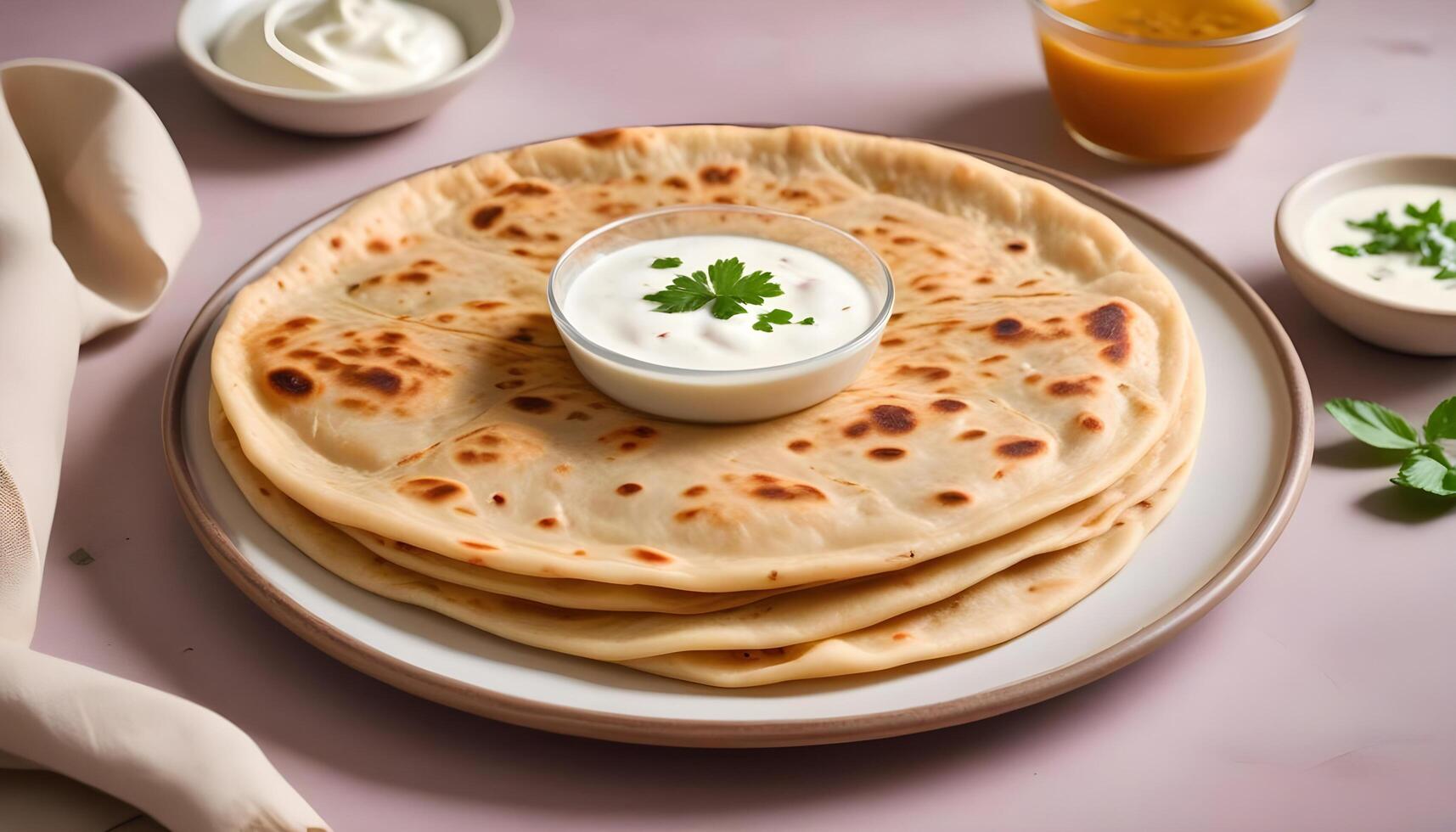 Freshly made aloo paratha paired with creamy yogurt on the side photo