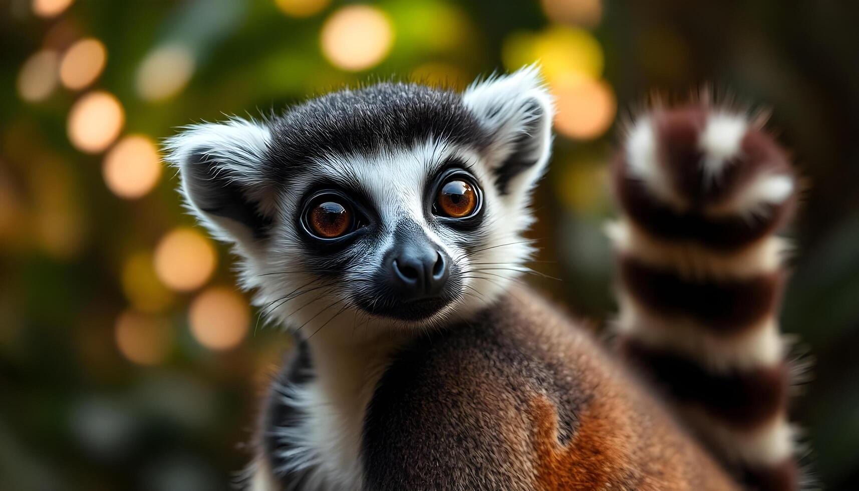Female Lemur with Expressive Eyes and Ringed Tail, Captured in a Jungle Backdrop photo
