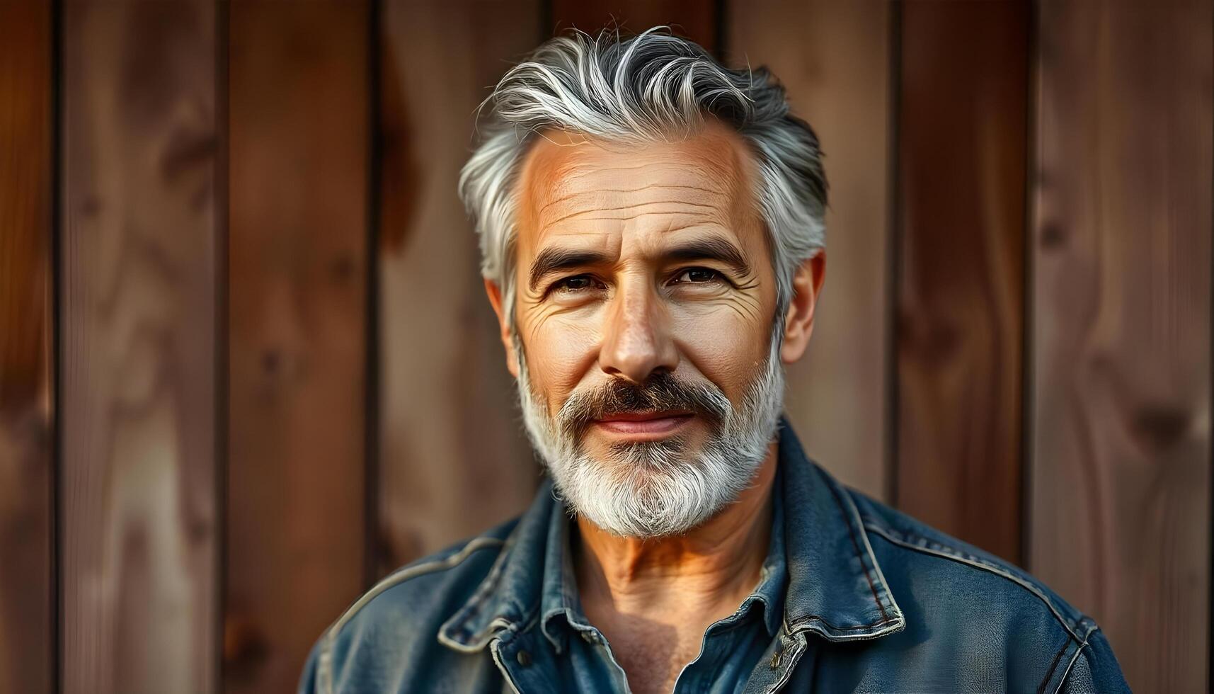 Headshot of a mature Hispanic man with salt and pepper hair, beard, and denim jacket photo