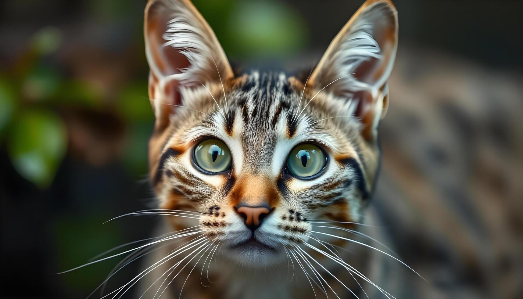 Short haired tabby with intense green eyes captured in direct gaze photo