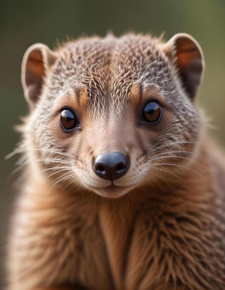 Close up portrait of a male mongoose with ruffled fur and bright eyes photo