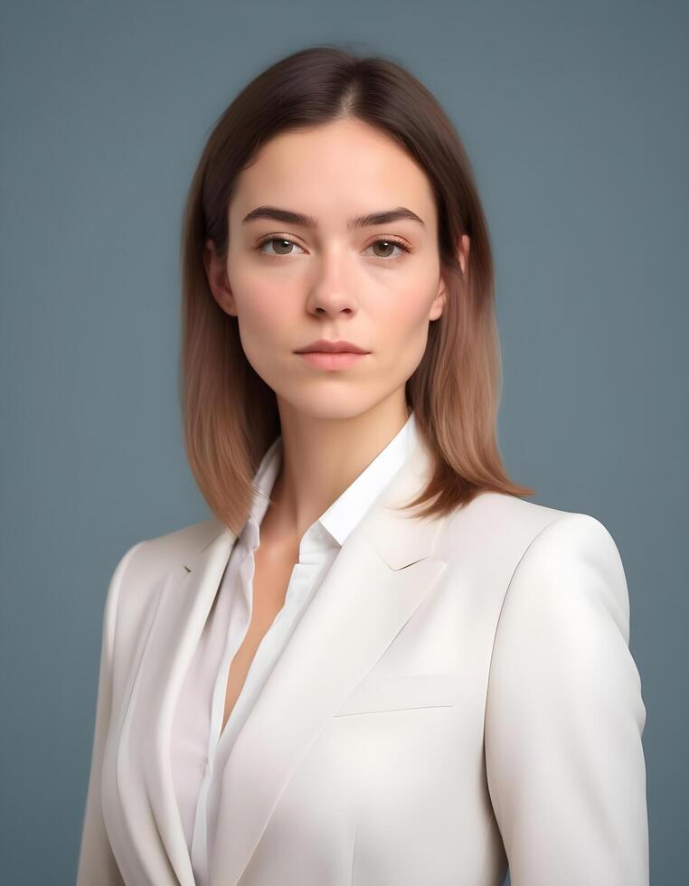 Confident young British woman in a tailored business suit, with a welcoming expression photo