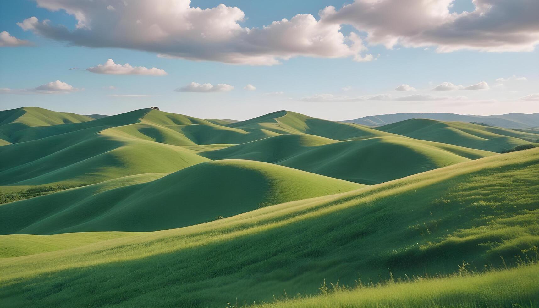 Expansive rolling hills with lush grass glowing under a clear sky photo
