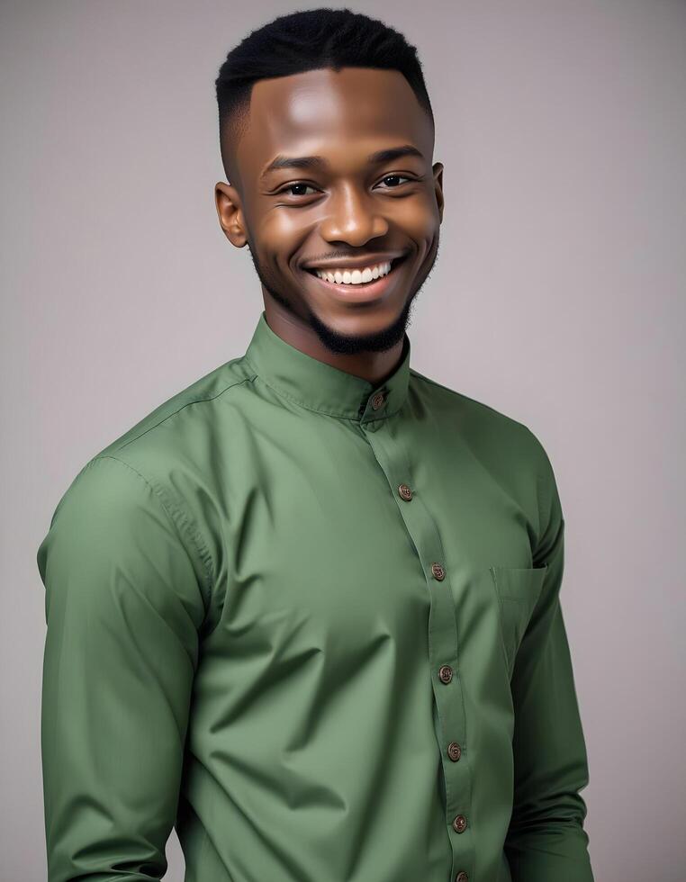 Nigerian male model in trendy fashion, radiating positivity with a smile, posed against a plain background photo