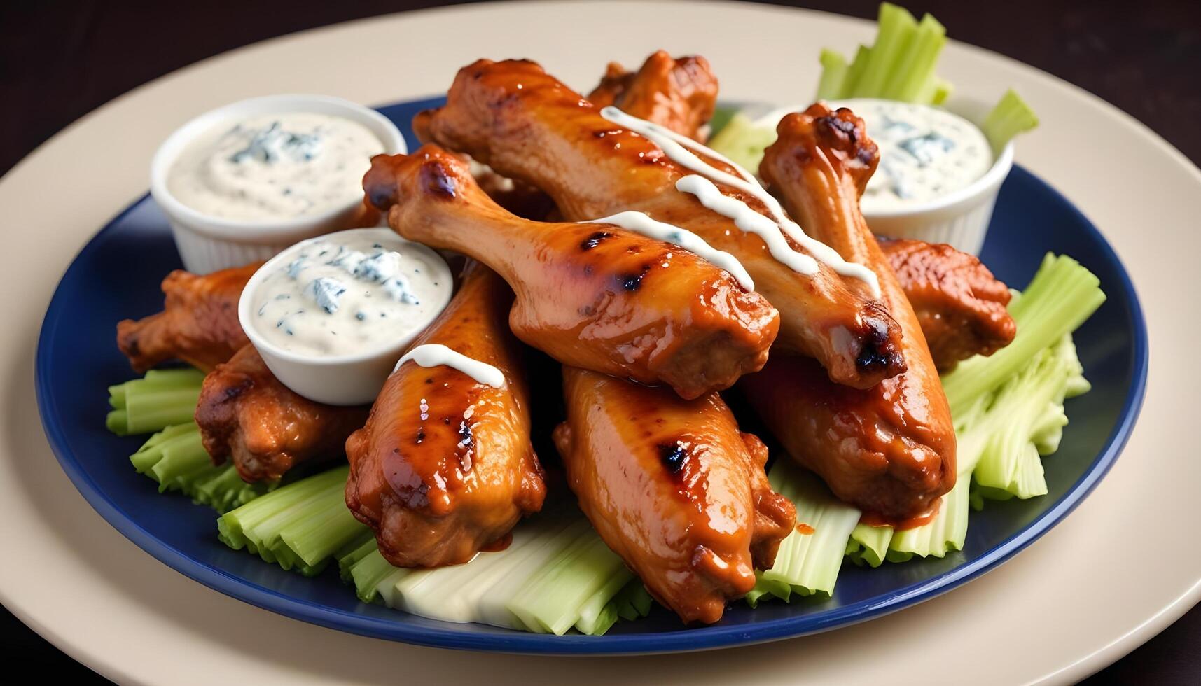 Crispy buffalo wings with a side of celery sticks and indulgent blue cheese dressing photo