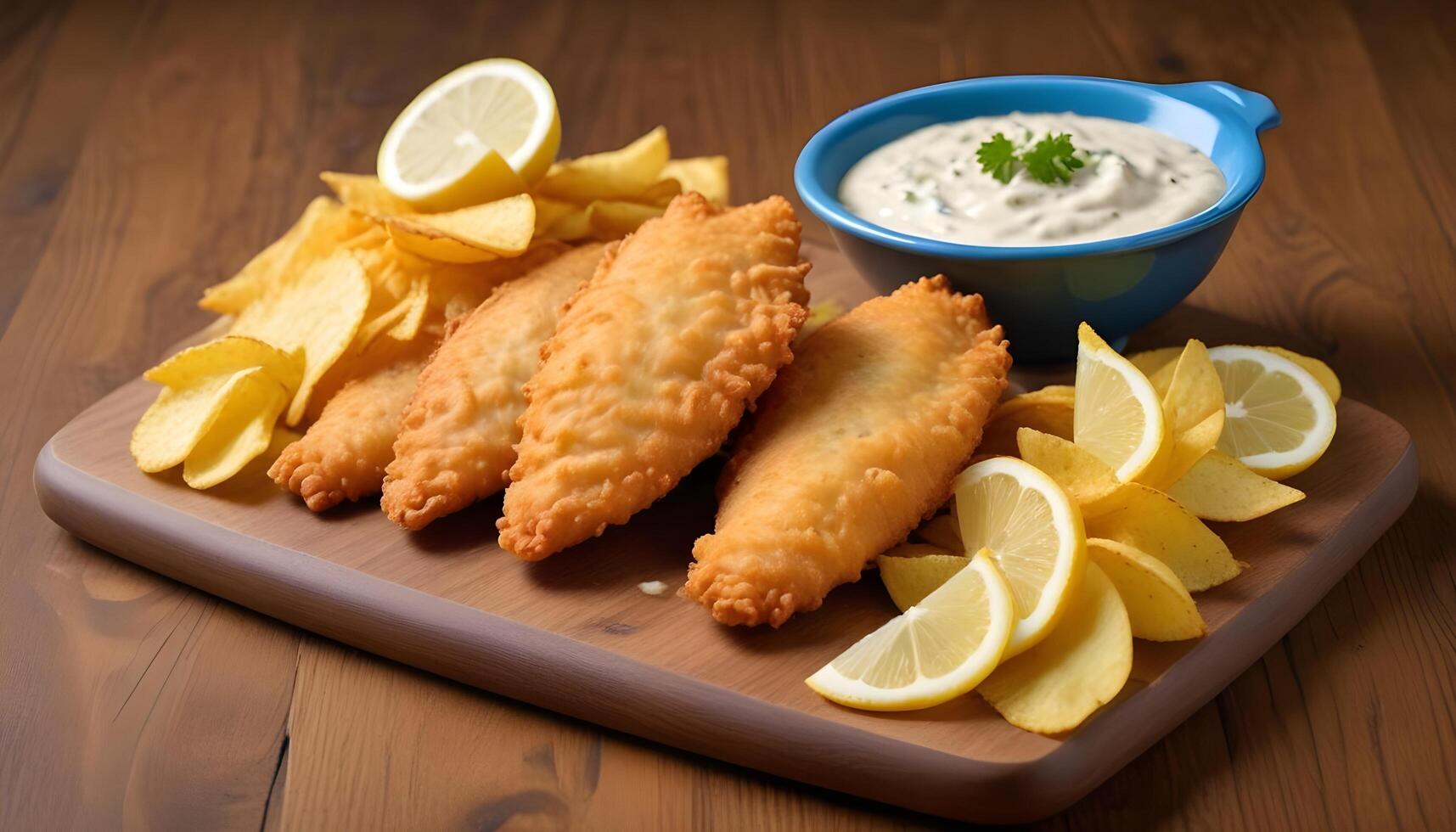 Golden brown fish fillet with thick cut chips, tartar sauce, and zesty lemon wedges photo