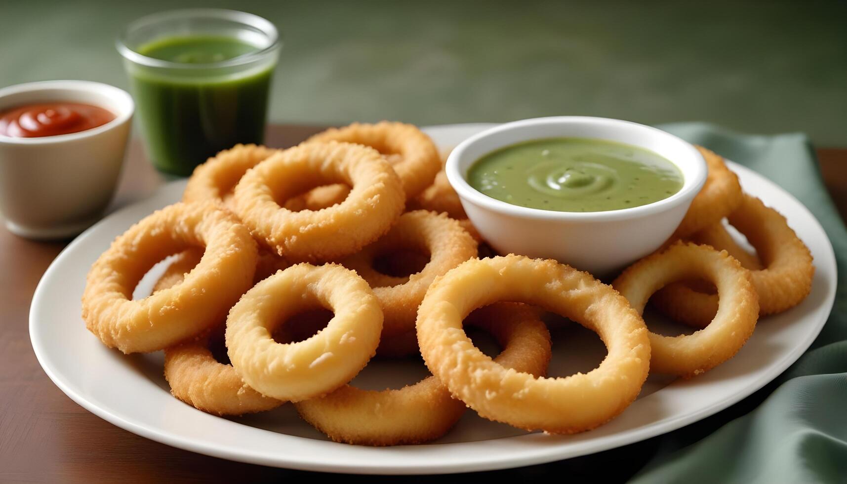 Crispy onion rings with a thick cut served alongside tangy dipping sauce photo