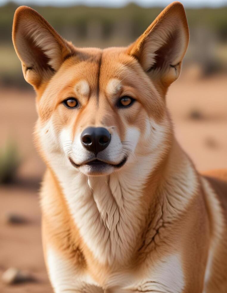 Male dingo with sandy coat and alert eyes in outback background photo