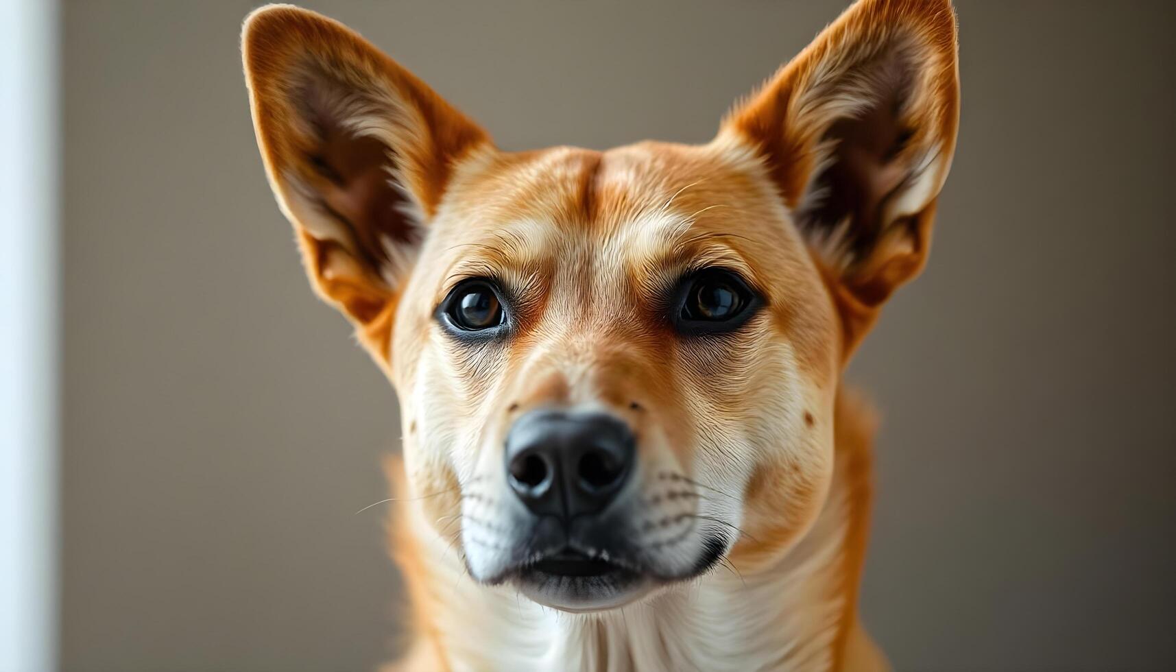 Canaan Dog with dark eyes and an alert expression against a neutral blurred background photo