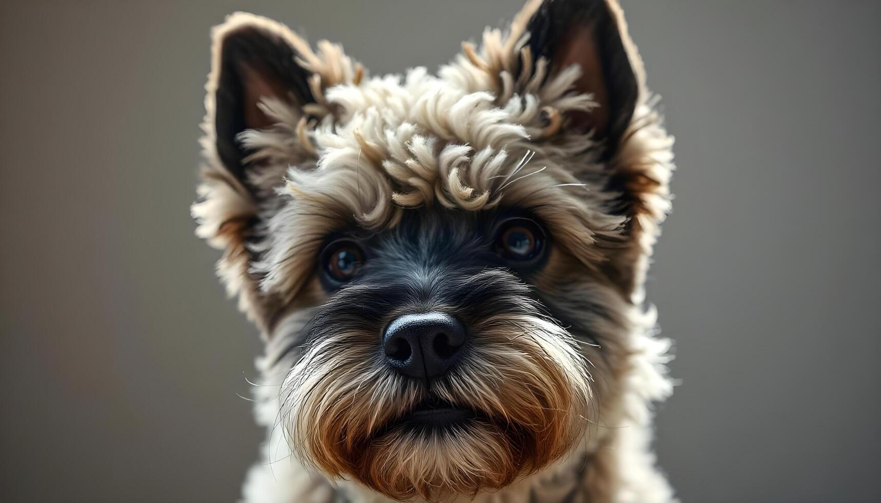 Close up of Pumi dog with upright ears and relaxed expression against neutral background photo