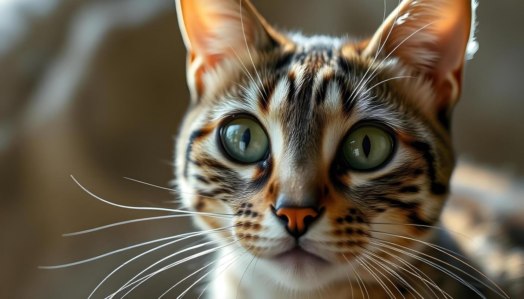 Tabby cat with green eyes and focused expression looking straight ahead photo