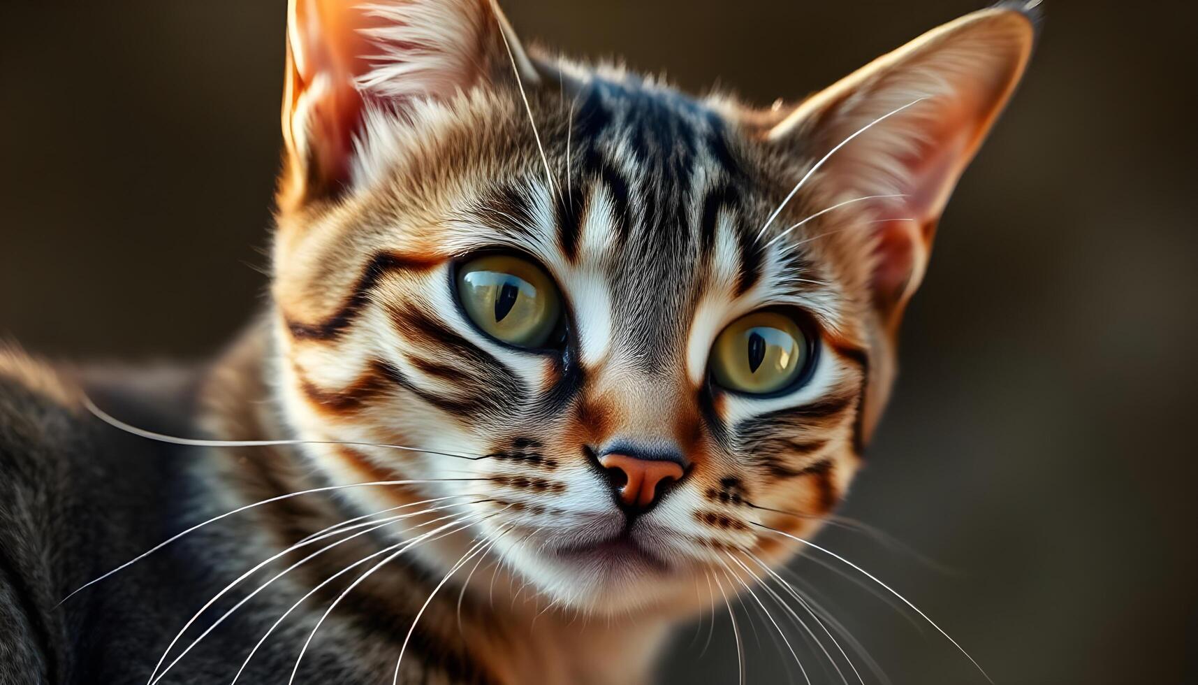Tabby cat with bright green eyes looking confidently at the viewer photo