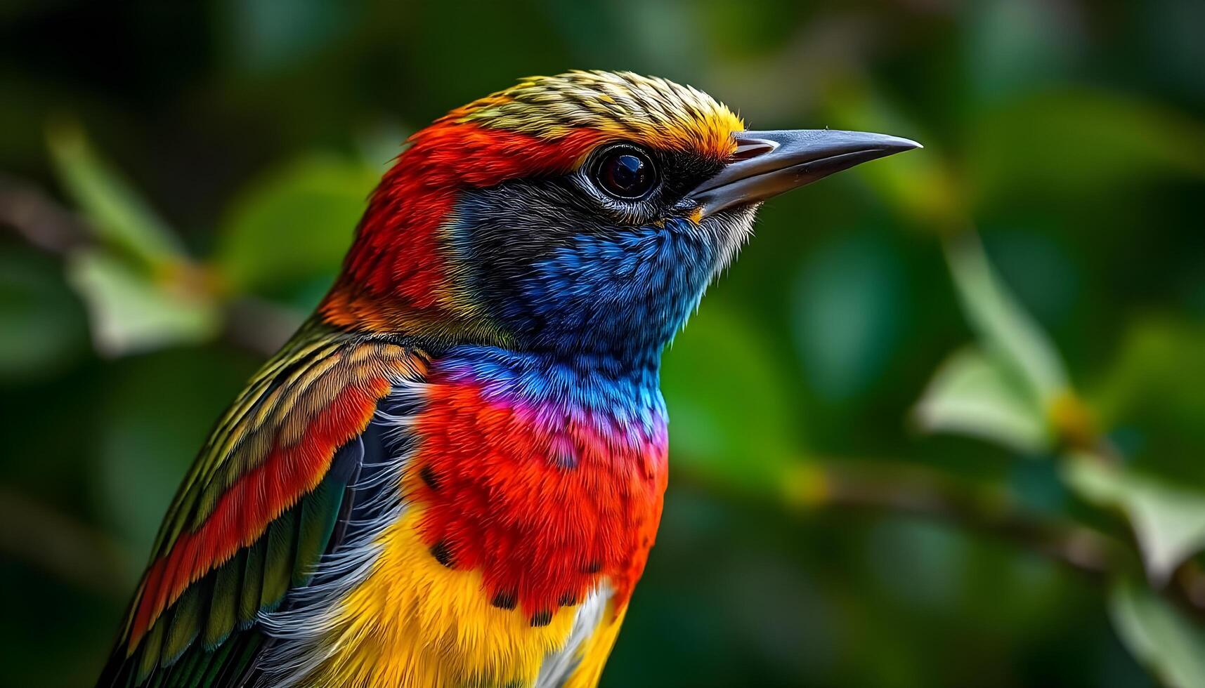Close up of a songbird, vivid plumage, intricate feathers, with a soft blurred green foliage background photo