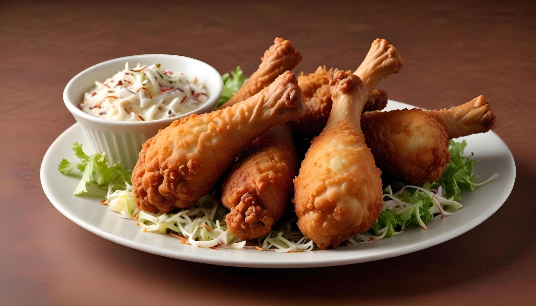 Crispy fried chicken drumsticks served with coleslaw and dipping sauce photo