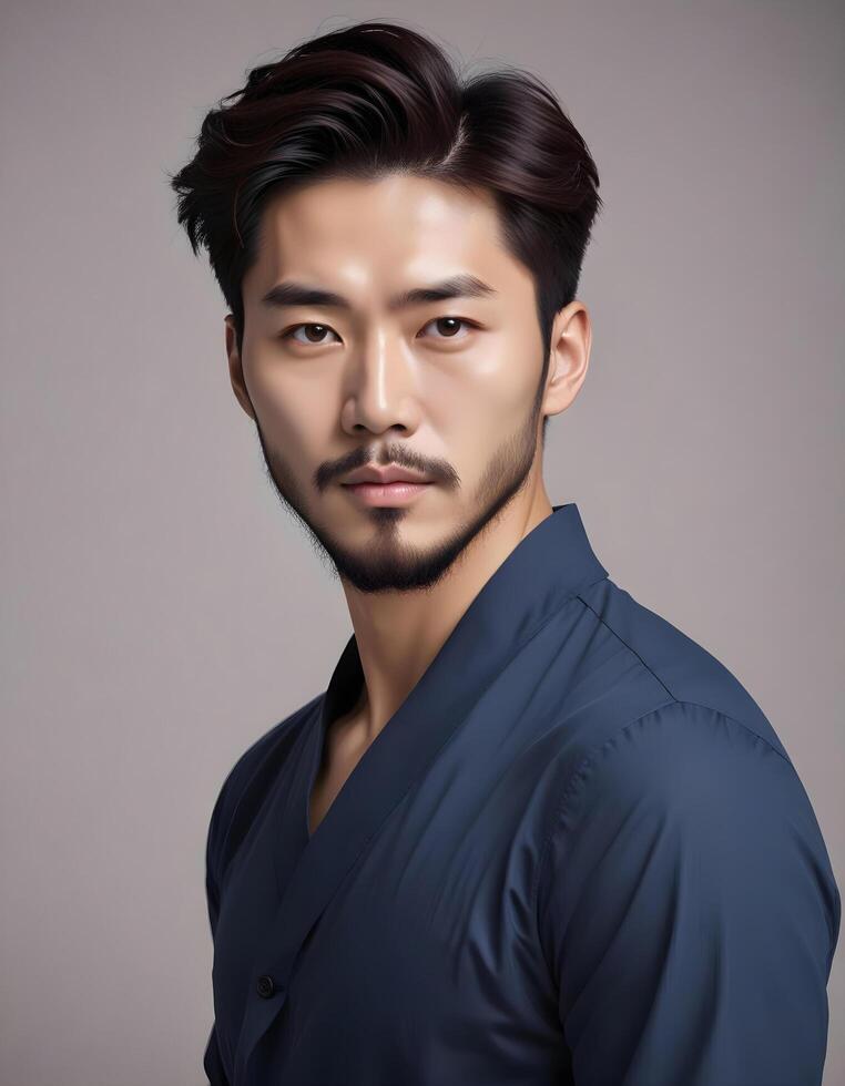 Korean male model looking sharp with a neat beard and confident stance photo