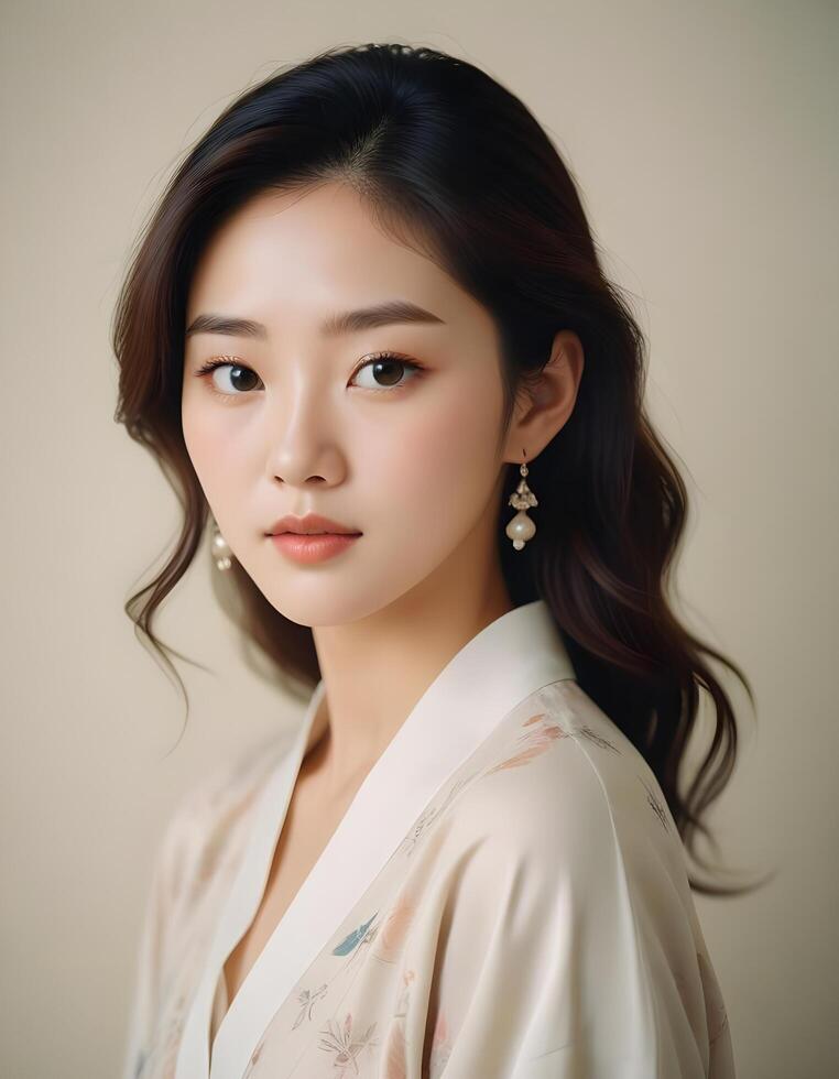 Elegant Korean girl with smooth complexion and soft features, against a plain background photo