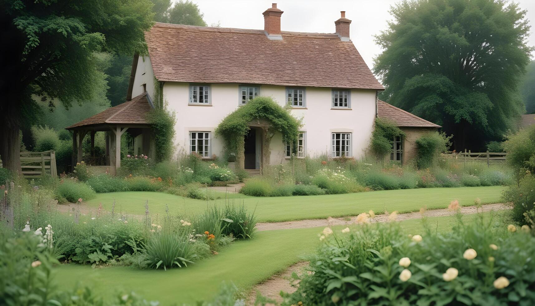 Bucolic farm life with a charming farmhouse and flourishing garden patch photo