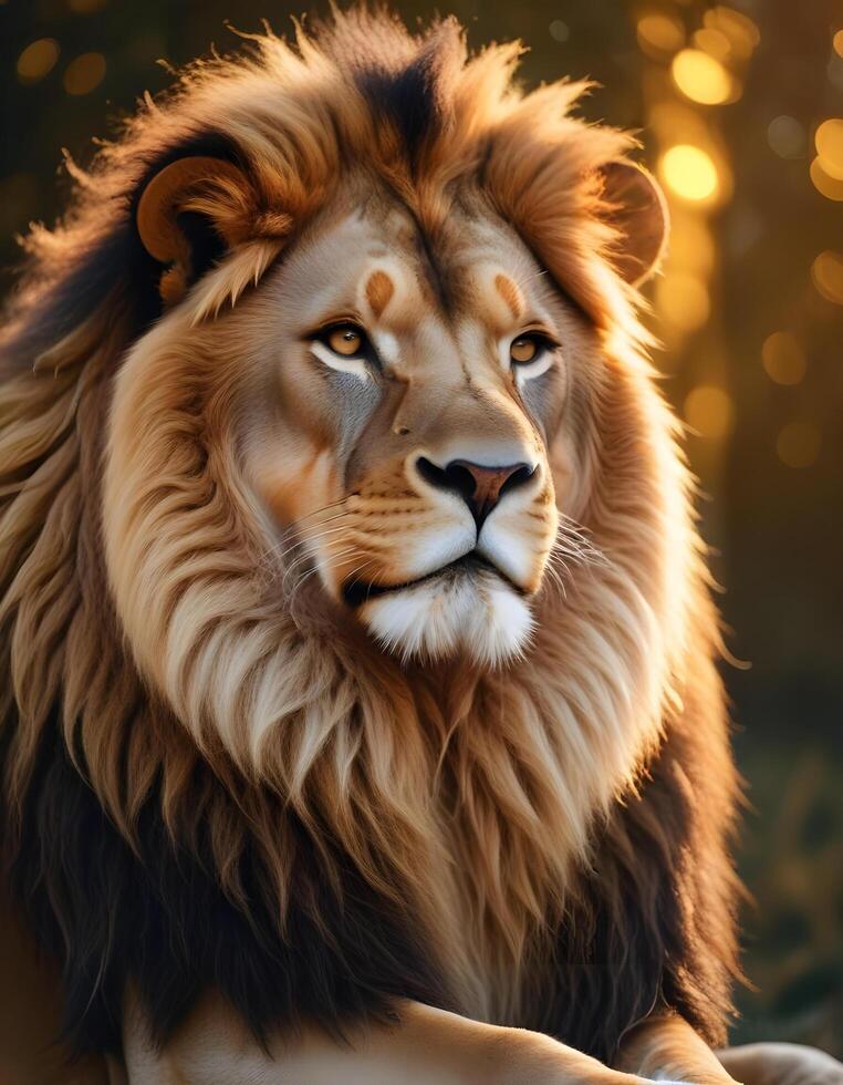Fierce lion with an illuminated golden mane and sharp stare photo