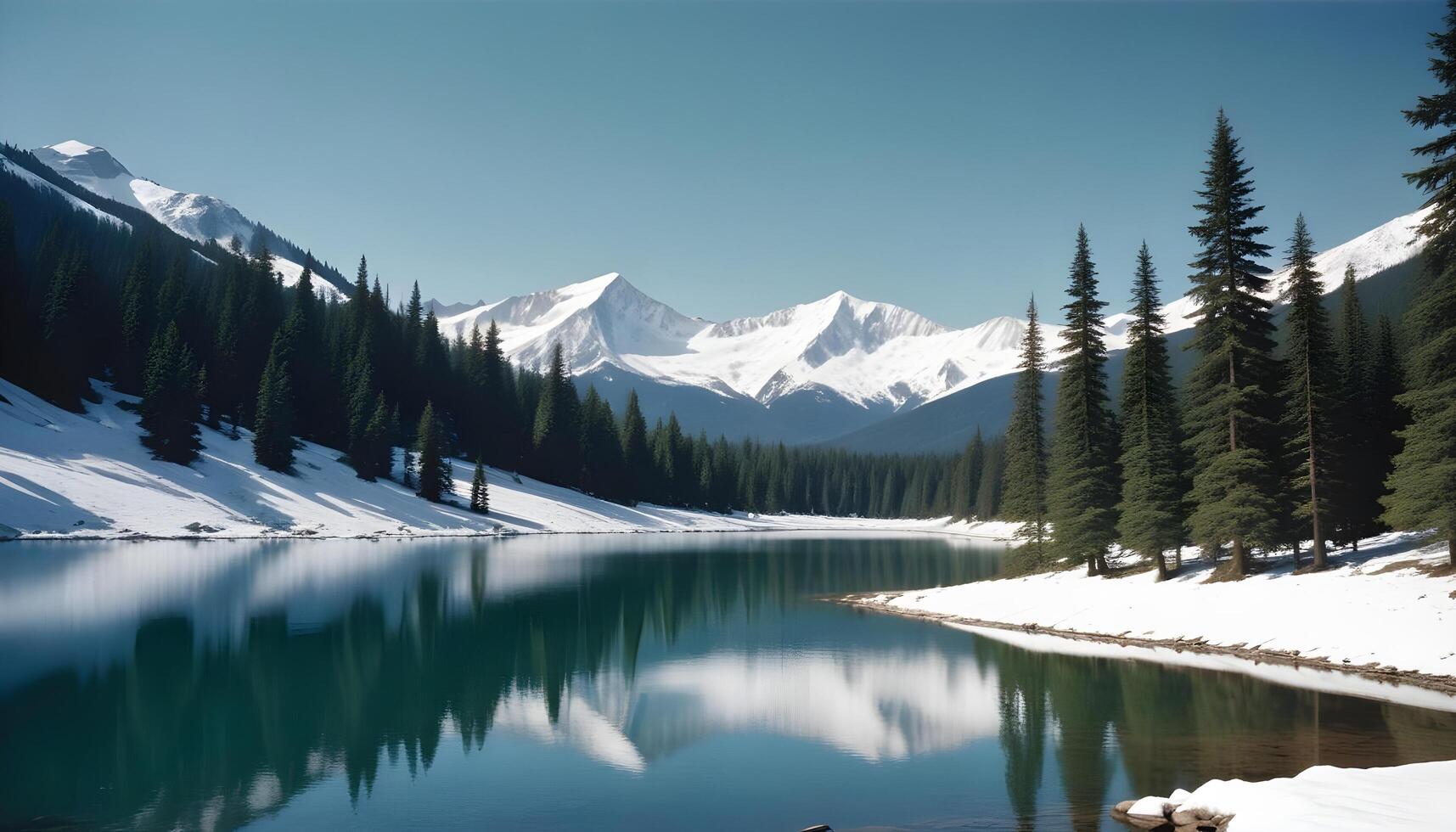 Pristine Mountain Landscape with Snowy Summits and a Peaceful Lake photo