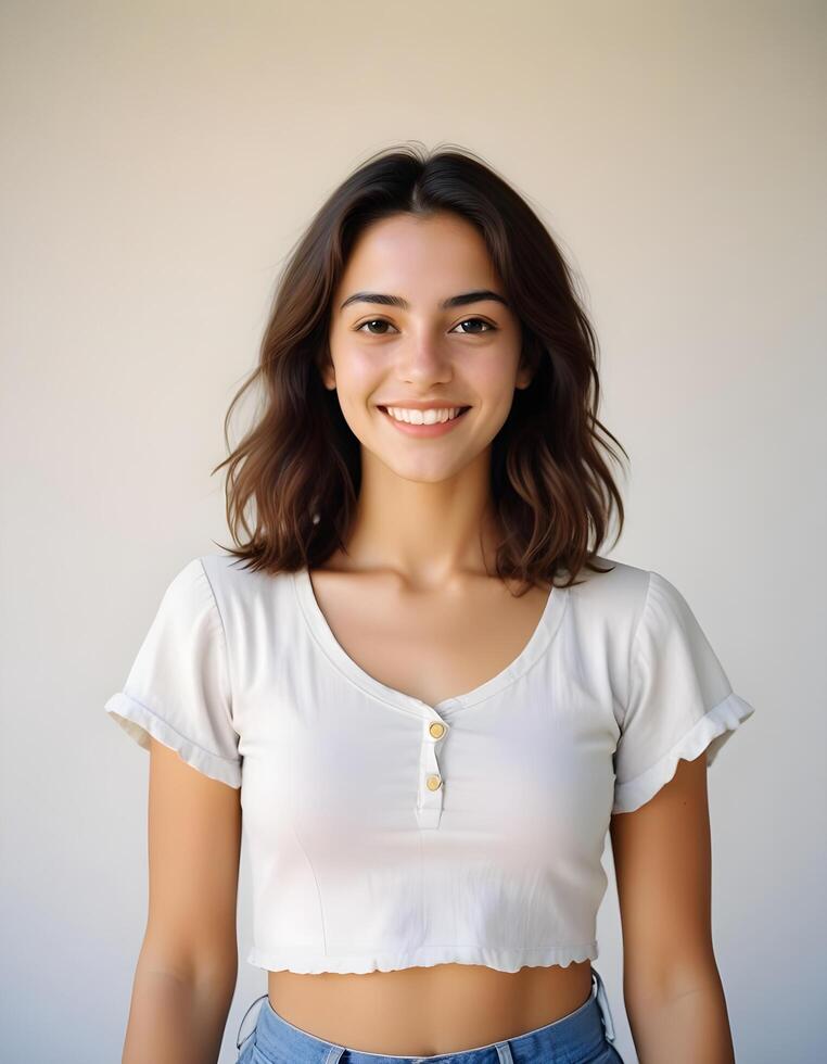 Young woman of Middle Eastern descent with wavy dark hair and a light blue shirt photo