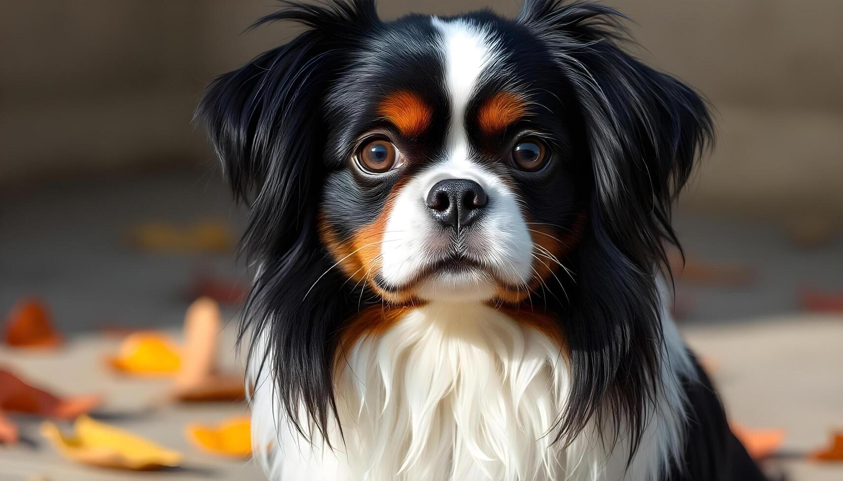 Small toy breed dog long fur gentle gaze warm natural light elegant look neutral backdrop photo