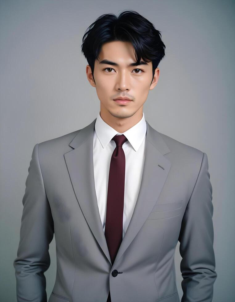 Elegant Japanese male model in a smart outfit, captured against a neutral setting photo