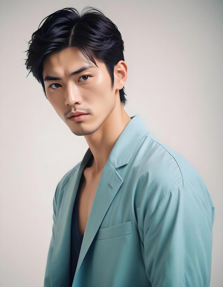 Japanese male model in formal attire, posed against a simple, neutral background photo