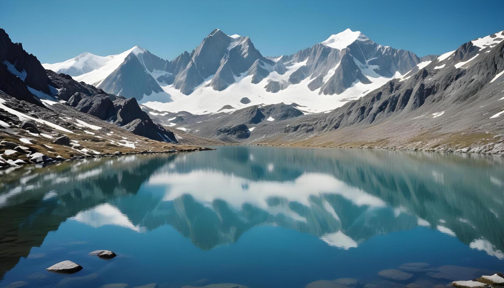 Expansive mountain vista with rugged snow capped summits and a shimmering alpine lake below photo