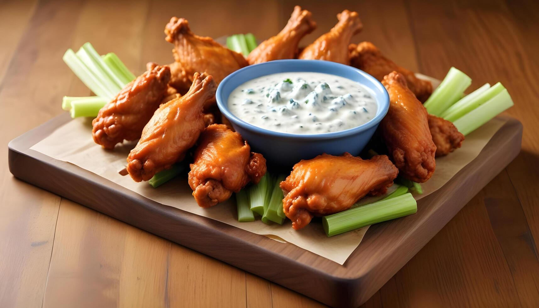 Hot buffalo wings paired with celery sticks and a creamy blue cheese dip photo