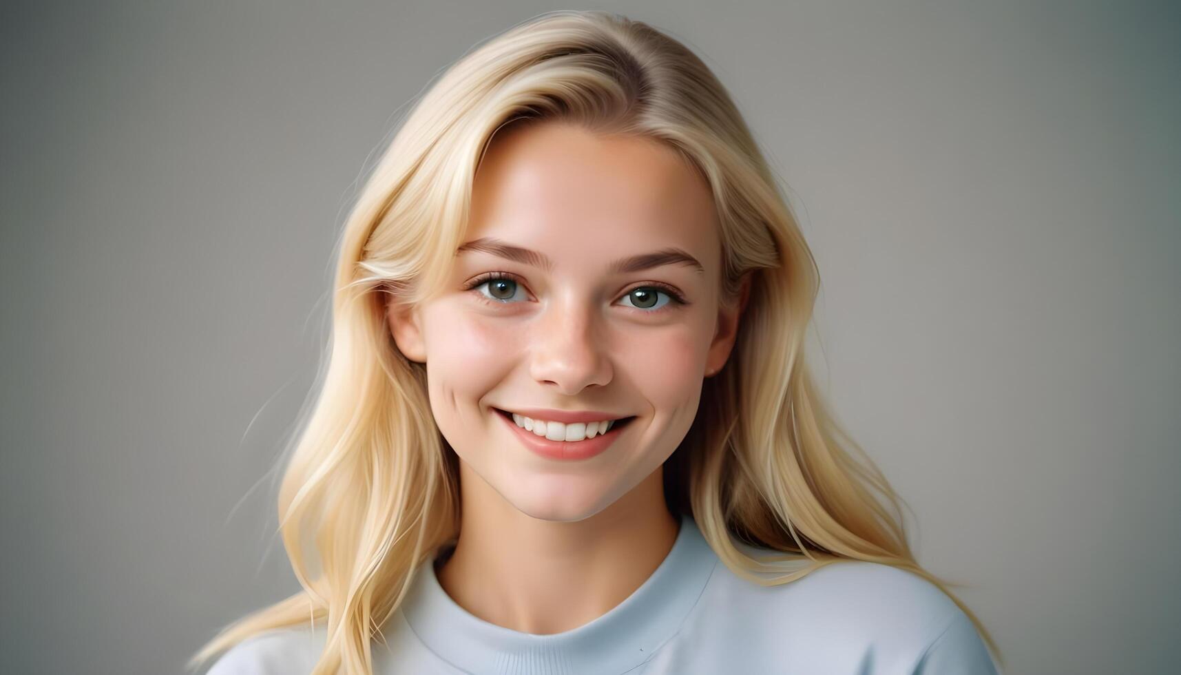 Elegant Swedish girl with flowing blonde hair and kind expression standing against a simple backdrop photo
