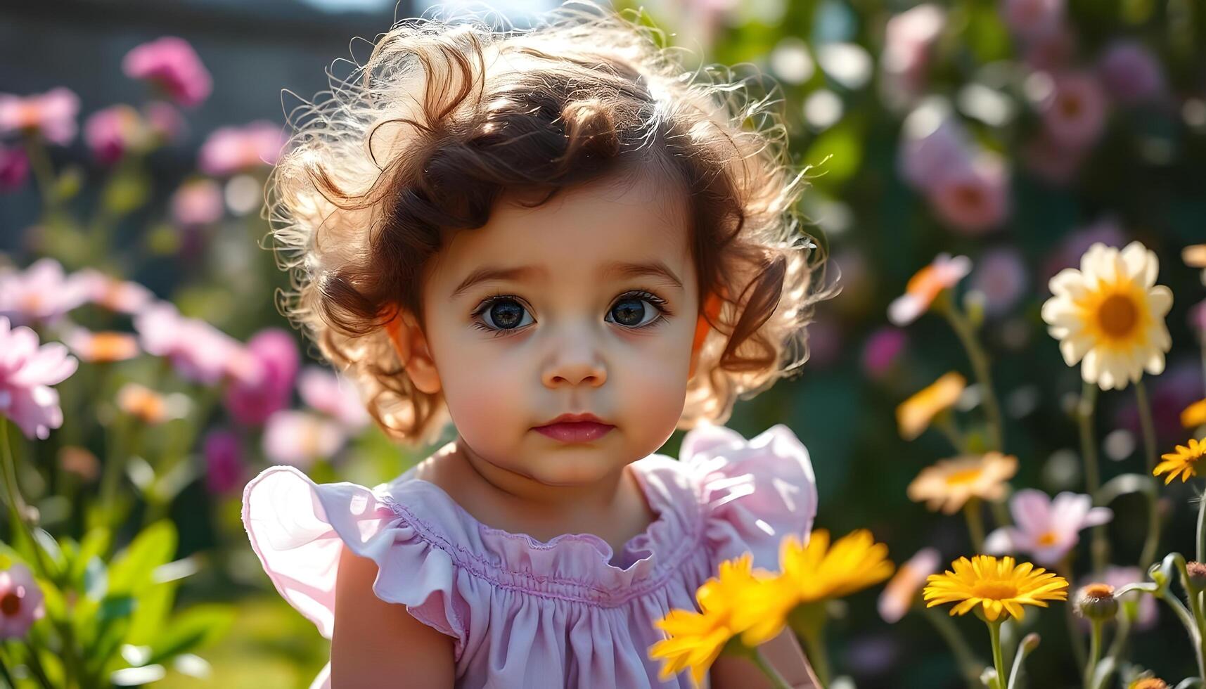 A little girl in a flower garden photo
