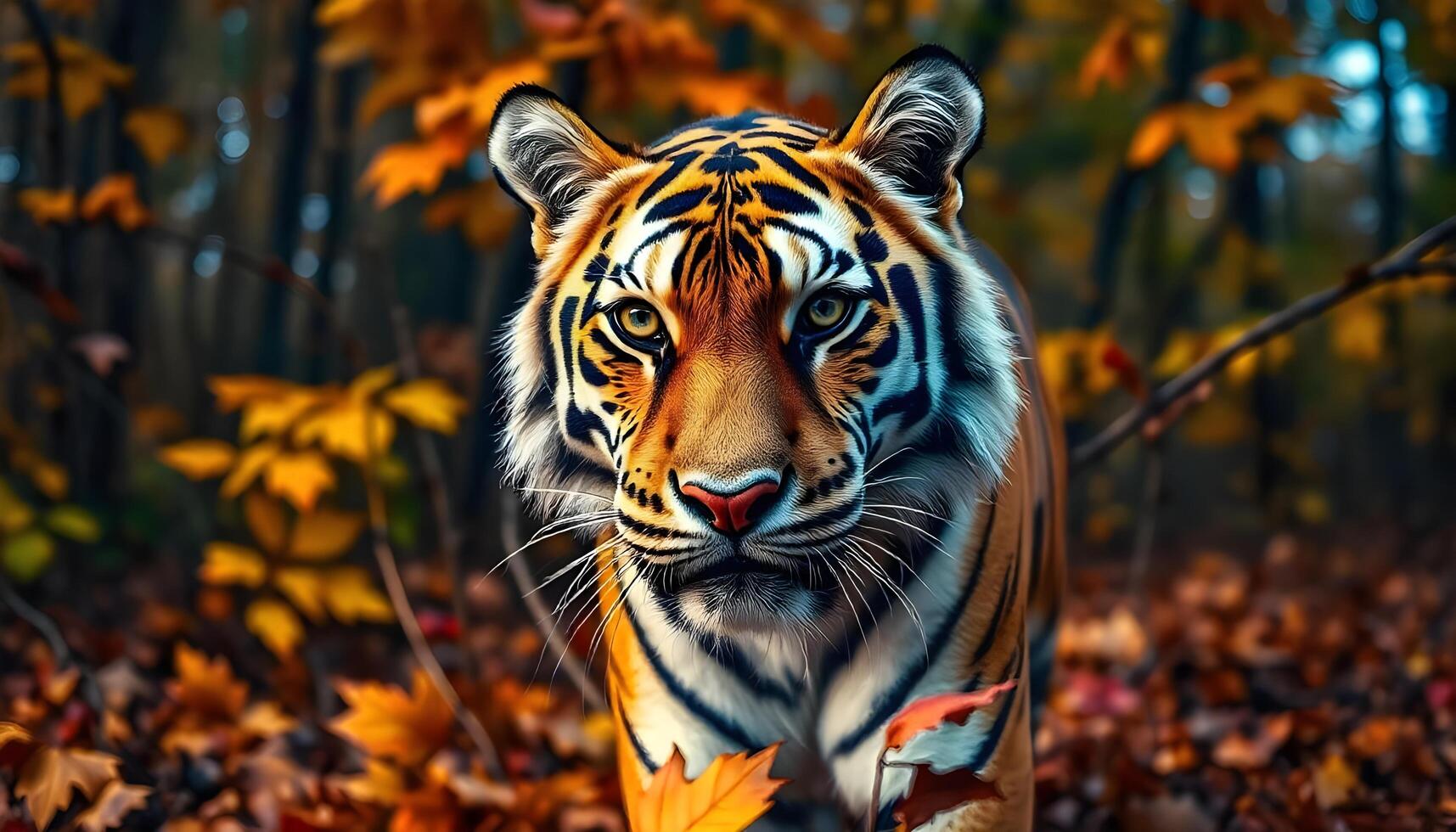 Bengal tiger in an autumn forest, surrounded by falling leaves, gazing curiously photo