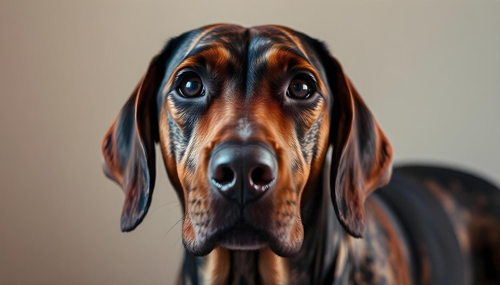 Close up of Plott Hound with alert expression and short coat in blurred background photo