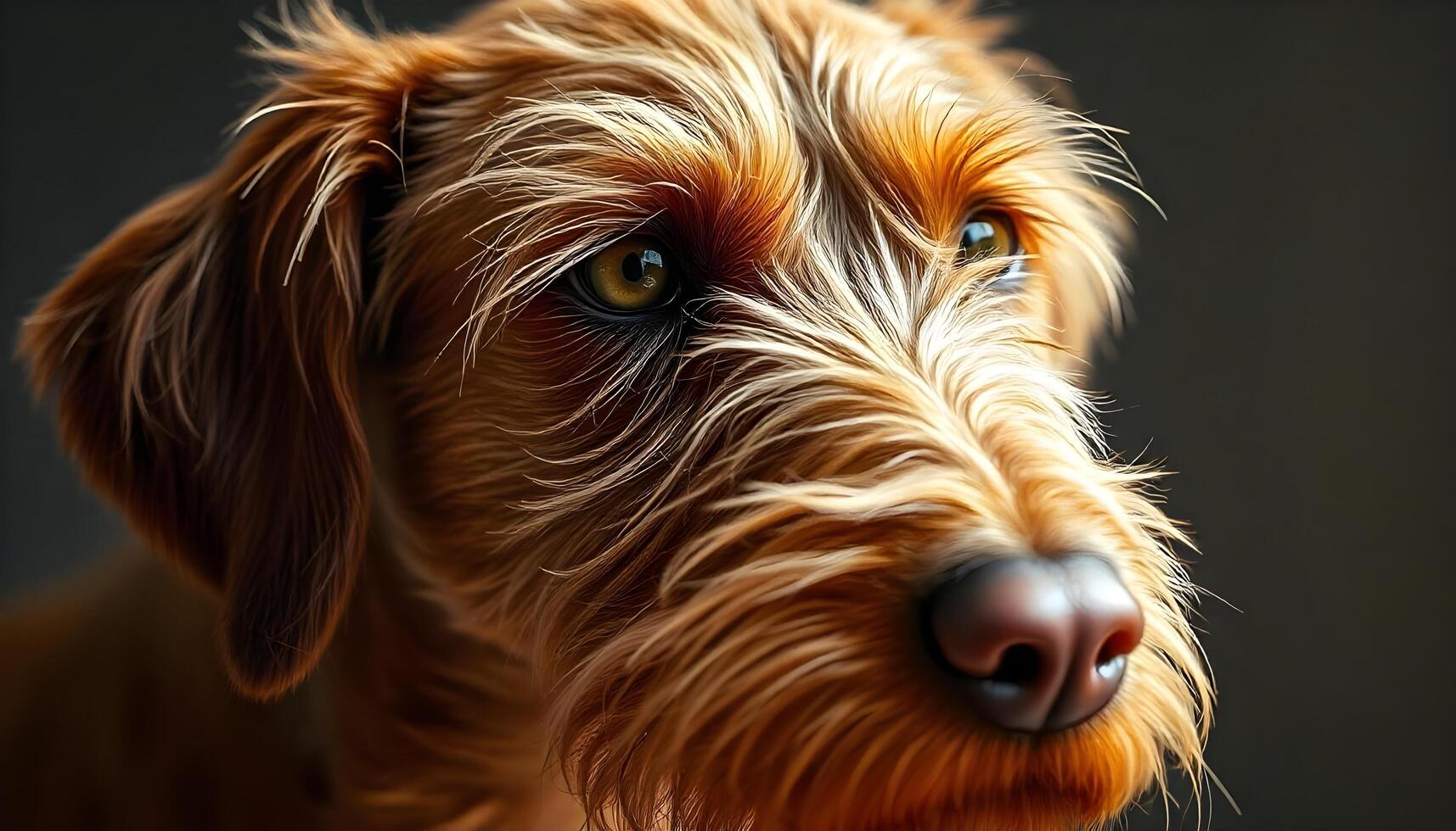 Close up of Wirehaired Vizsla with wiry golden coat and attentive demeanor in soft light photo