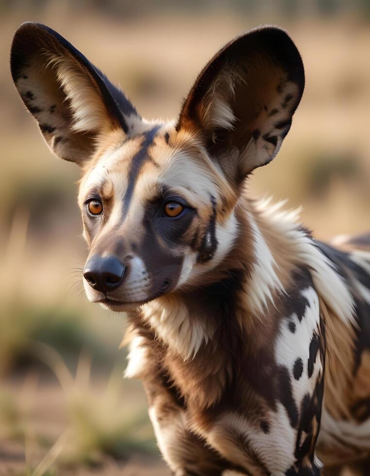 Male African wild dog with patchy coat and intense gaze captured in soft savannah light photo