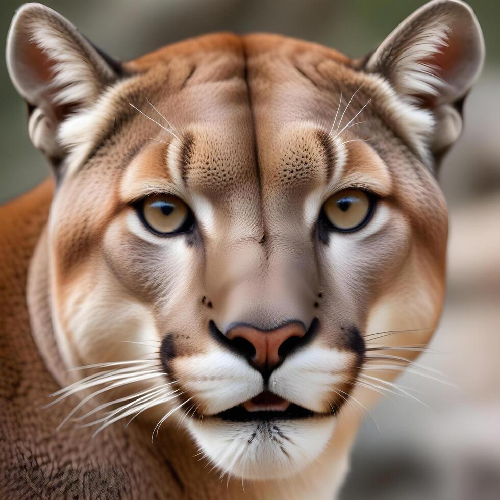Powerful male cougar with sharp facial details, set against a softly blurred rocky backdrop photo