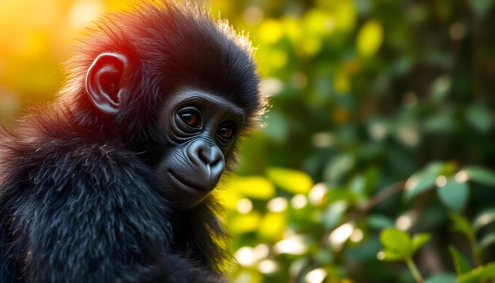 Close up of a baby gorilla with playful eyes, fluffy black fur, and a sunlit forest in the background photo