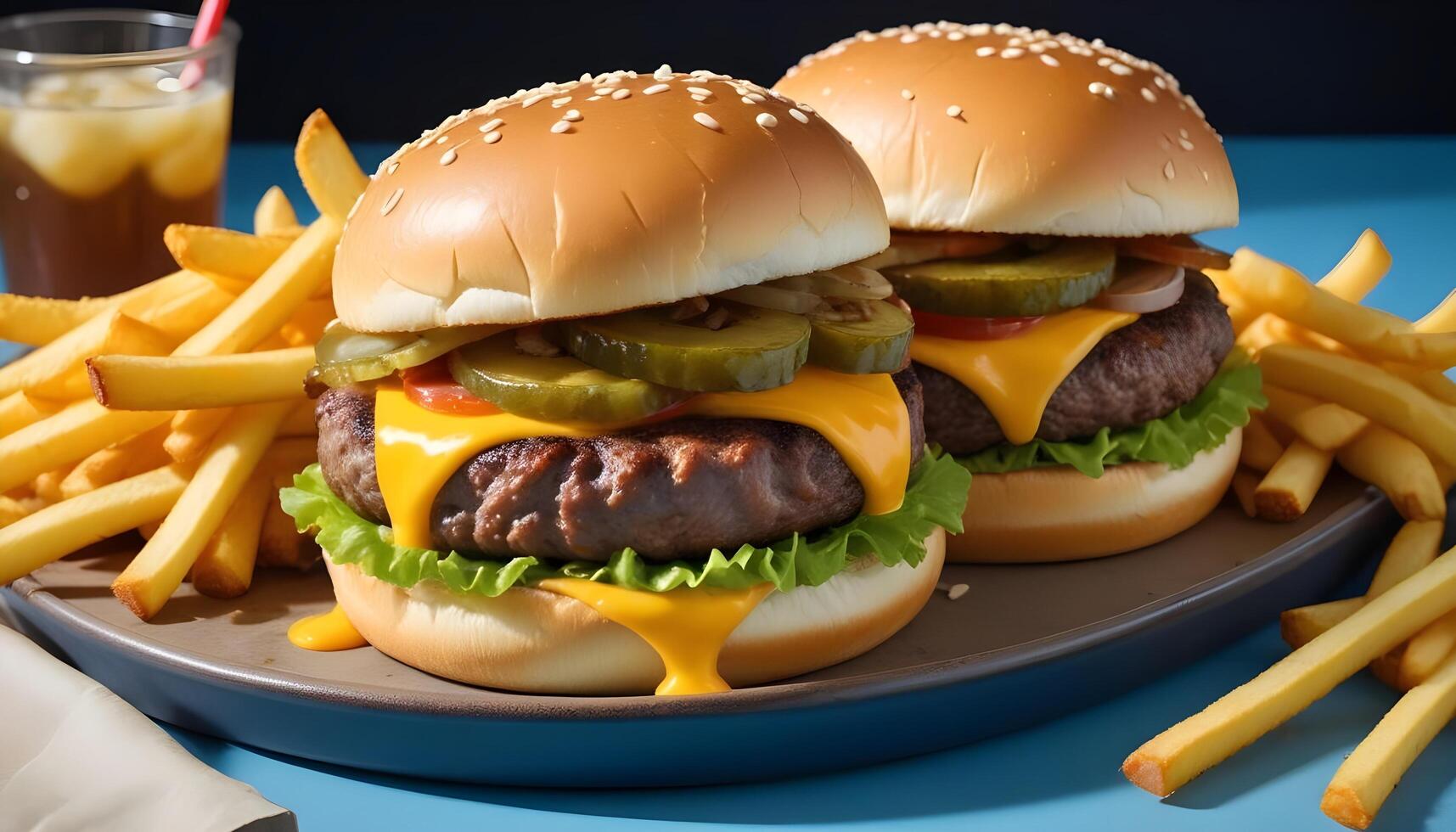 Delicious double cheeseburger with all the fixings and crispy fries photo