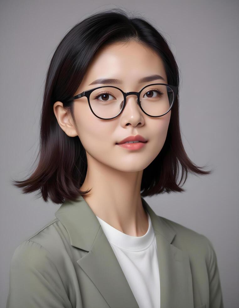 Smart and confident Chinese model wearing glasses, posing with grace against a simple backdrop photo