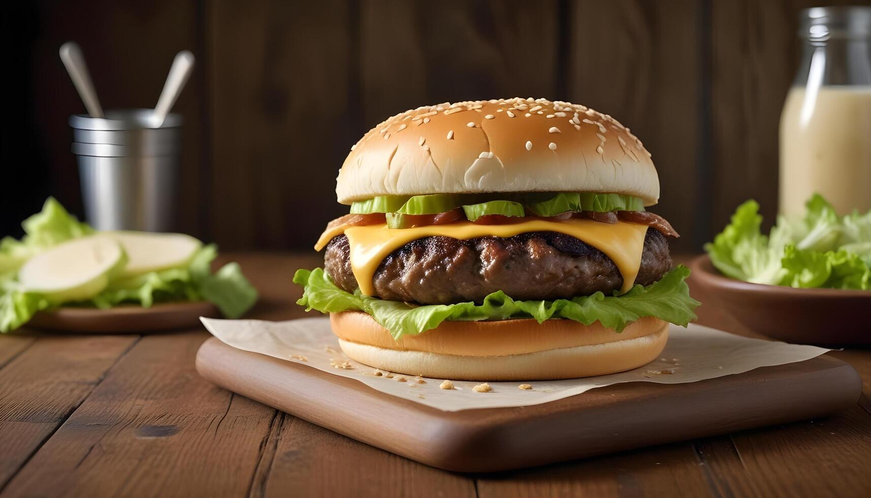 Juicy, cheesy burger with crisp lettuce and sesame seed bun on a rustic table photo