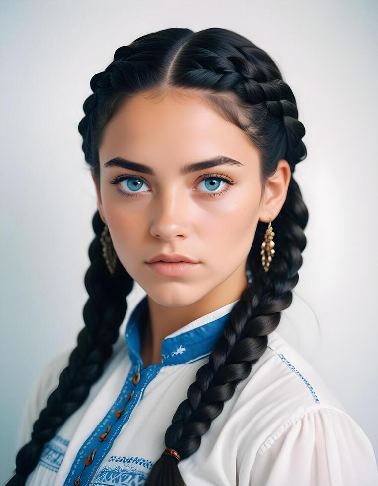 Studio portrait of a Mexican girl with braids and vibrant eyes, against a plain backdrop photo