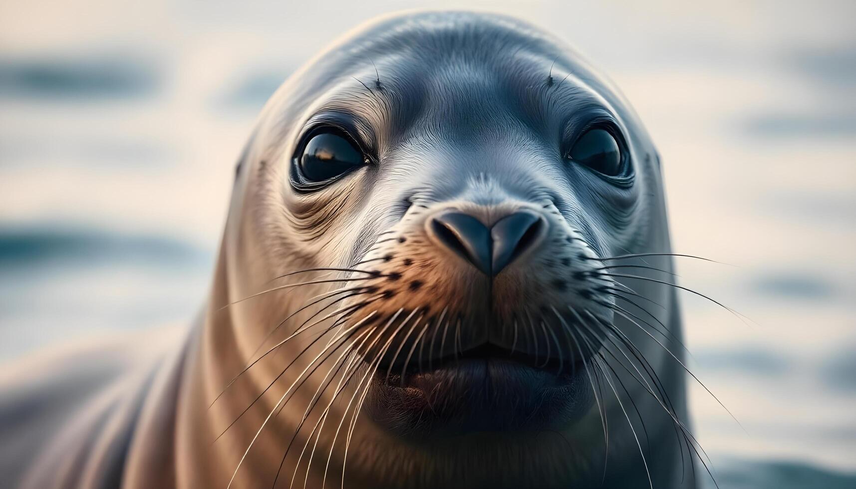 Portrait of a Seal with Shiny Fur and Piercing Eyes, Ocean Backdrop photo